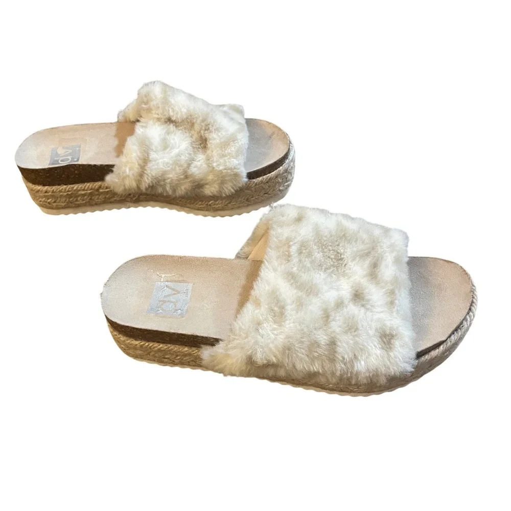 DV by Dolce Vita Womens Leopard‎ Faux Fur Platform Slide Sandals Size 6